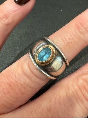James Avery Silver Band Ring with Blue Stone and Gold  - size 6